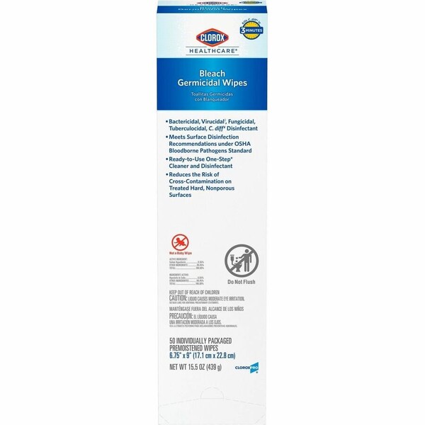 Clorox Bleach Germicidal Wipes, Individual Wipes, 1-Ply, 6.75 x 9, Unscented, White, 50 Wipes, PK6 31424 - main