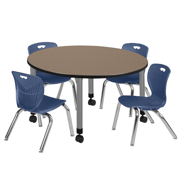 Regency Round Kee Mobile Adjustable Classroom Table W/ 4 Andy Chairs, 48 in W, 48 in L, Noble Oak TB48RNDNOAPCGY45NV - main