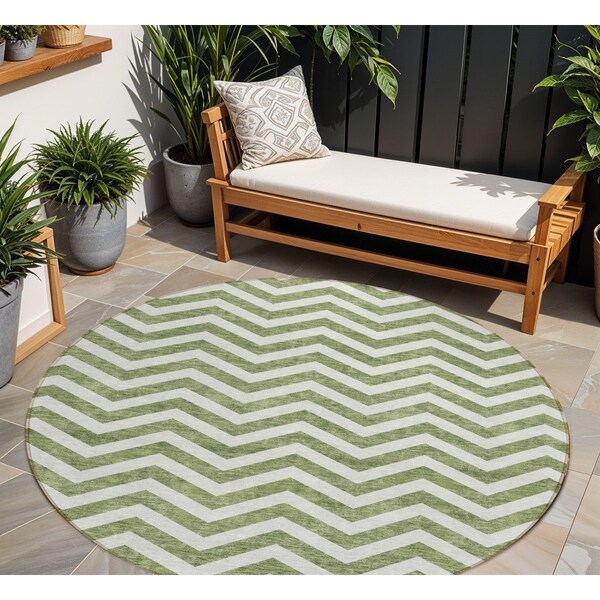 Homeroots 8' Green And Ivory Round Chevron Washable Indoor Outdoor Area Rug 595309 - main