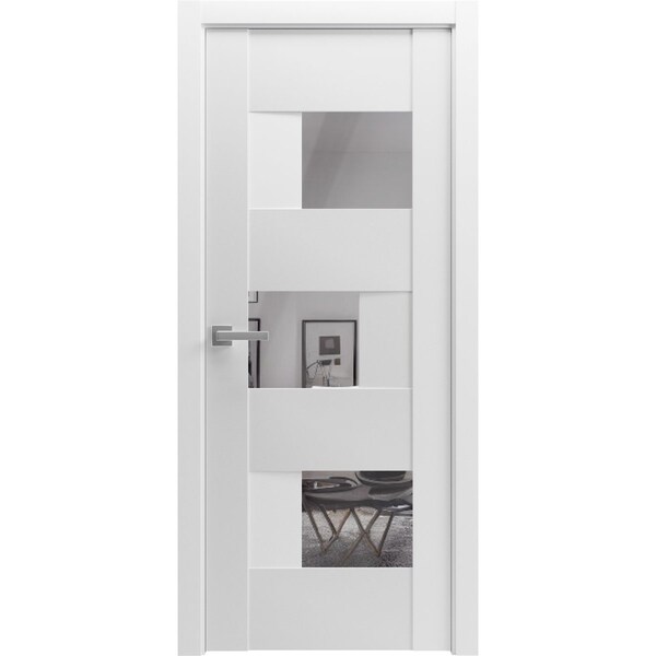Vdomdoors Solid French Door Opaque Glass Sete 6999 White Silk with Mirror Single Regular Panel Frame Handle SETE6999ID-WS-2496 - main