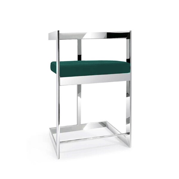 Homeroots 30" Green and Silver Metal and Velvet Low Back Bar Height Bar Chair 555067 - main