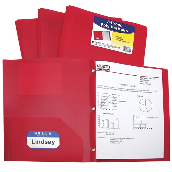 C-Line Products C-Line Products Two-Pocket Heavyweight Poly Portfolio Folder with Prongs, Red, 25PK 1597280 - main