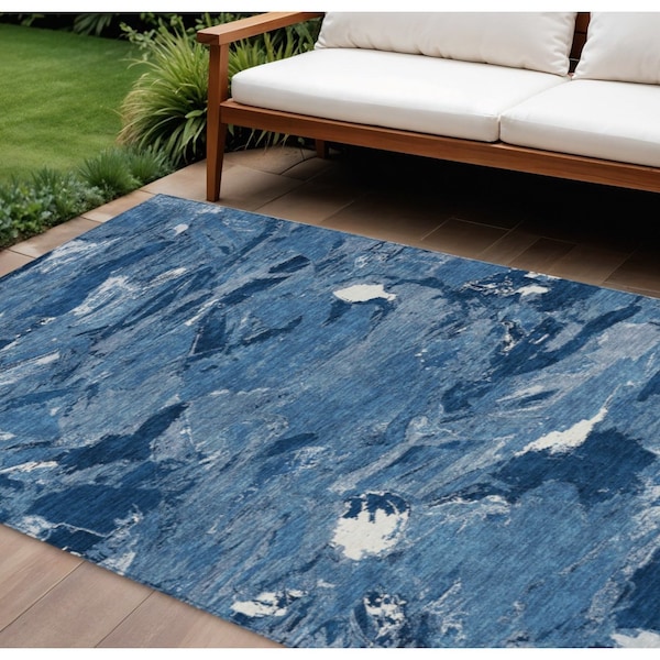 Homeroots 10' X 14' Navy Blue And Blue Abstract Washable Indoor Outdoor Area Rug 609261 - main