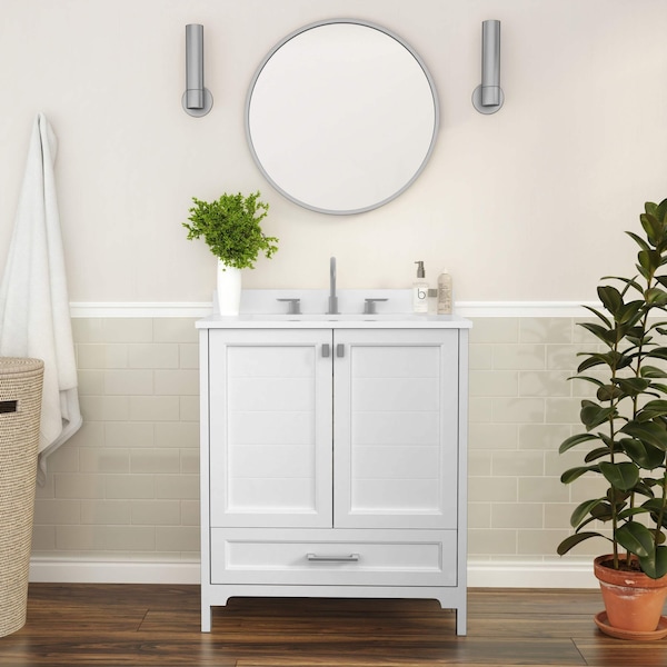 Flash Furniture Haven 30 Inch Bathroom Vanity w/Sink, Storage Cabinet w/Soft Close Doors and Bottom Drawer, White FS-BN-4-30-KD-WH-GG - main