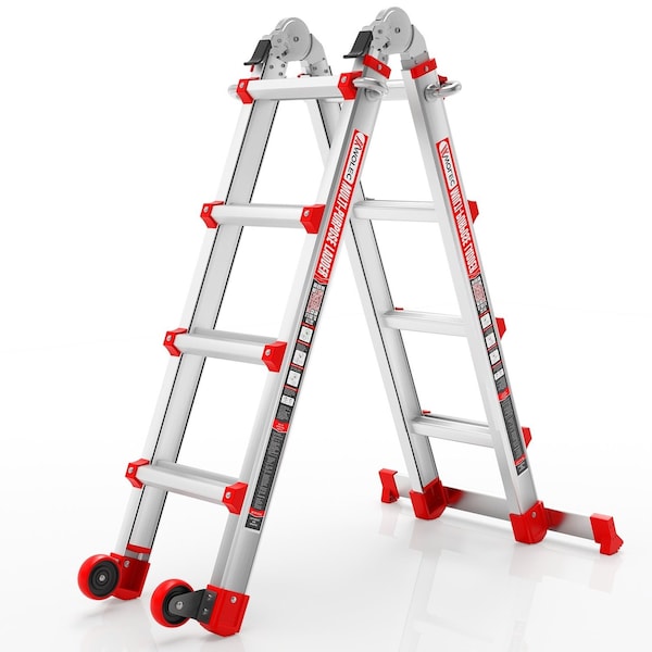 Wrightmaster 14 ft. Aluminum Multi-Position Ladder with Wheels and Stabilizer Bar, 330 lbs. Load Capacity Red ZOR-14FT-RD - main