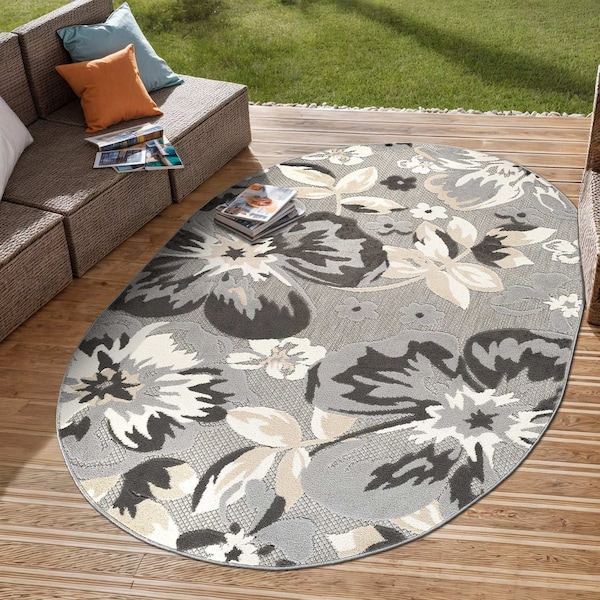 World Rug Gallery Geometric Bohemian Indoor/Outdoor Area Rug 5 ft x 7 ft Oval Gray 5566GRAY5OV - main
