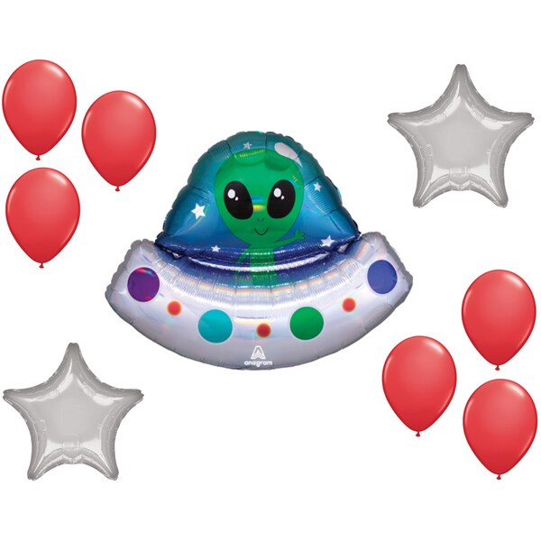 Loonballoon Space, Alien, Rocket Theme Balloon Set, 28 Inch Alien Space Ship Holographic Balloon 96718 - main