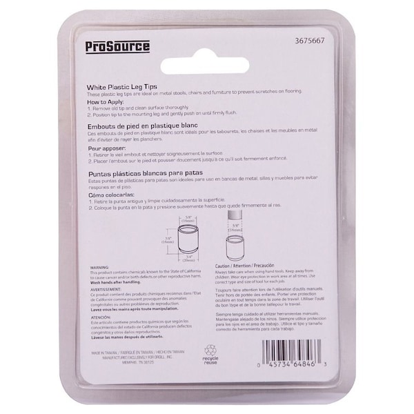 Prosource Furniture Leg Tip, Round, Plastic, White, 5/8 in Dia, 5/8 in H FE-50612-PS - main