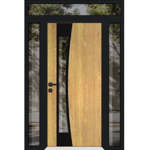 Vdomdoors Aluminum Door Cynex 6116 Black Entry Steel Metal Modern Painted W14+36+14xH80+14 Left Inswing CYNEX6116EXD-OAK-W14+36+14xH80+14-LH-I - main