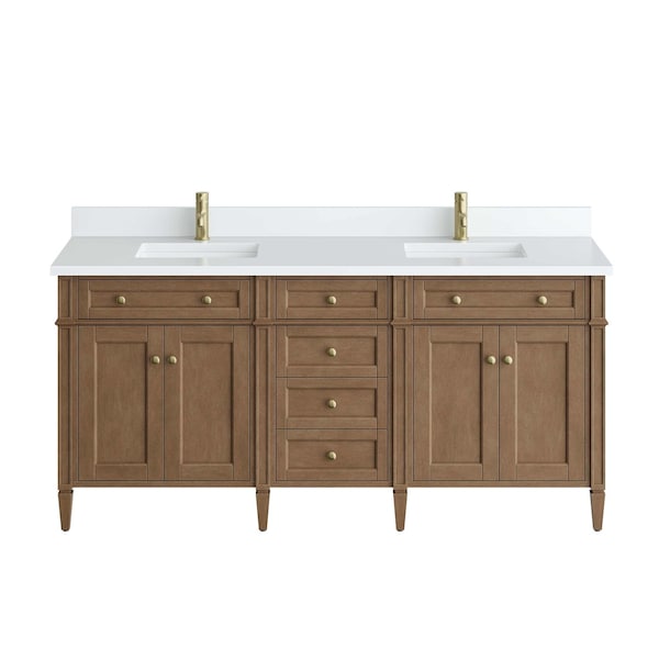 James Martin Vanities Brittany 72" Dbl Vanity, Pecan w/ Sgl Hole 3 CM White Zeus Silestone Top and Matching Backsplash 655-V72-PCN-1WZ - main