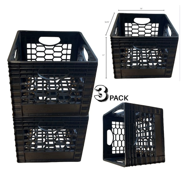 Cratemate Heavy Duty Multi-Purpose Milk Crate Storage, Black, 13 in H, 11 in W, 18-3/4 in L, 3 PK MC24QT-BL-3 - main