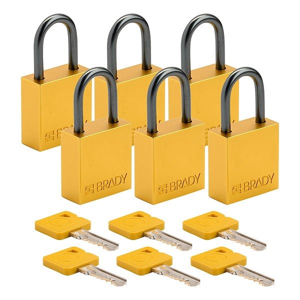 Brady Lockout Padlock, Keyed Alike, Aluminum, Yellow, 1 in Shackle Height, 1 1/4 in Body Width, 6 PK CPAL-YLW-25AL-KA6 - main