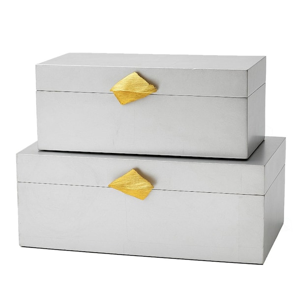Vintiquewise Set of 2 Wooden Storage Boxes with Gold Accent for Keys, Jewelry, Makeup, or Extras, Silver QI004862.SI - main
