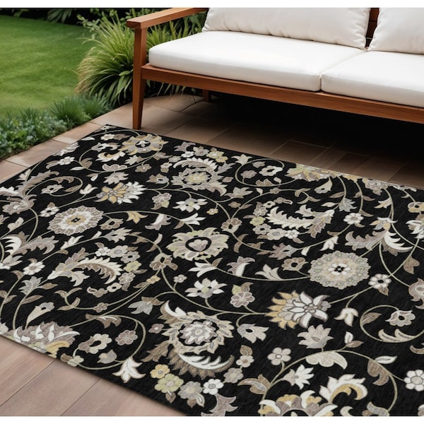 Homeroots 10' X 14' Black Beige And Ivory Floral Washable Indoor Outdoor Area Rug 597805 - main