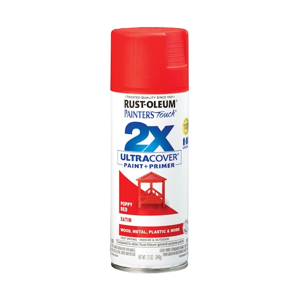 Rust-Oleum Painter's Touch 2X Ultra Cover Spray Paint, Poppy Red, Satin, Solvent, 12 Oz 334084 - main