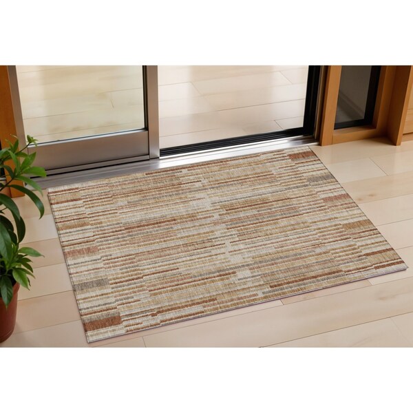Homeroots 3' X 5' Terra Cotta And Beige Striped Washable Indoor Outdoor Area Rug 631575 - main