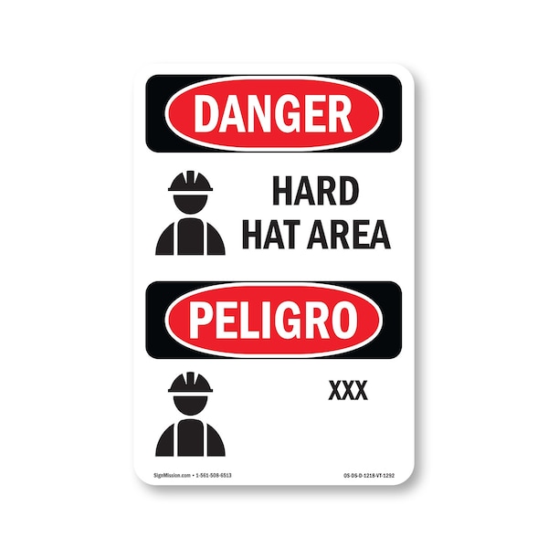 Signmission OSHA Danger Sign, Hard Hat Area Bilingual, 18in X 12in Decal, OS-DS-D-1218-VT-1292 OS-DS-D-1218-VT-1292 - main