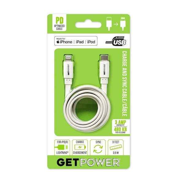 Boss Tech Products GetPower Sync and Charging Cable, USB Type C, Lightning, White, 3 ft L GP-USBC-ACL - main