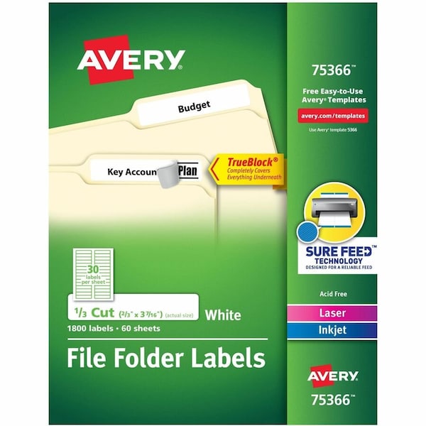 Avery File Folder Label, 21/32" Label W, 30 Labels per Sheet White 75366 - main