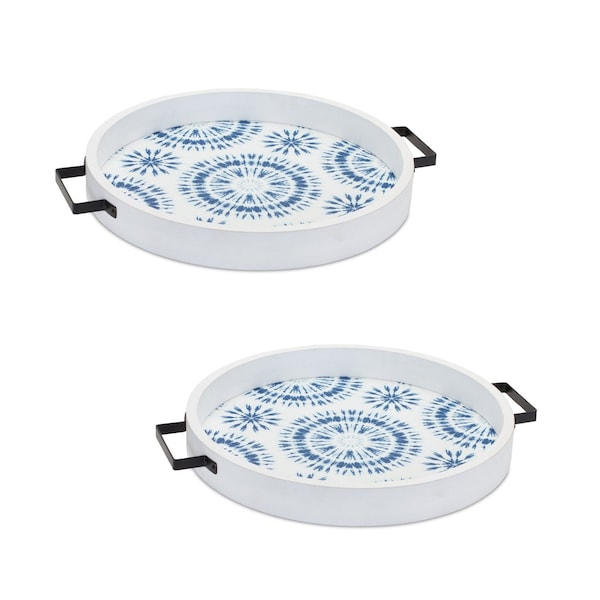 Homeroots Set of Two Blue Round Solid Wood Vanity Tray With Handles 516327 - main