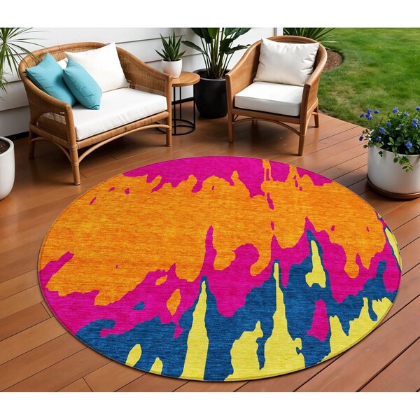 Homeroots 8' Pink Orange And Blue Round Abstract Washable Indoor Outdoor Area Rug 613640 - main