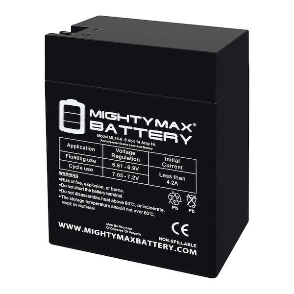 Mighty Max Battery ML14-6 - 6 Volt 14 AH, Fast-on Terminal, Rechargeable SLA AGM Battery MAX4140740 - main