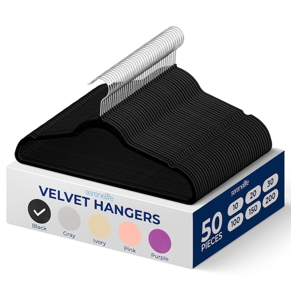Serenelife Premium Non-Slip Velvet Hangers, Heavy Duty, Slim, 360 Deg Swivel Metal Hook, Black, 50PK SLHVEL50 - main