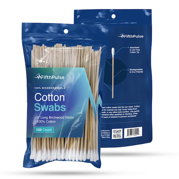 Fifthpulse 100% Natural Eco-friendly 8in Cotton Swabs Sticks Made w/ Birch Wood Cotton Tip Applicator, 250PK FMN100686 - main