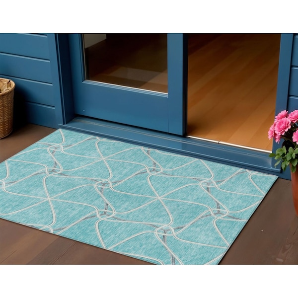 Homeroots 3' X 5' Teal Blue And Ivory Geometric Washable Indoor Outdoor Area Rug 612905 - main