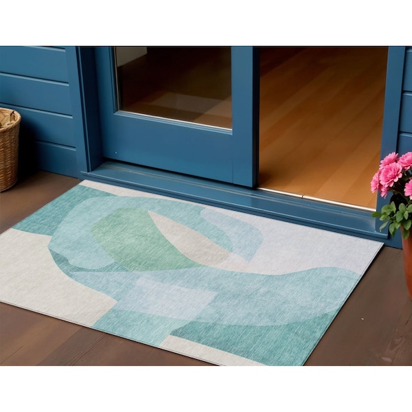 Homeroots 3' X 5' Pale Aqua And Beige Abstract Washable Indoor Outdoor Area Rug 630453 - main