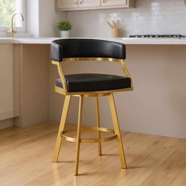 Homeroots 26" Black and Gold Faux Leather and Stainless Steel Low Back Counter Height Swivel Bar Chair 569176 - main