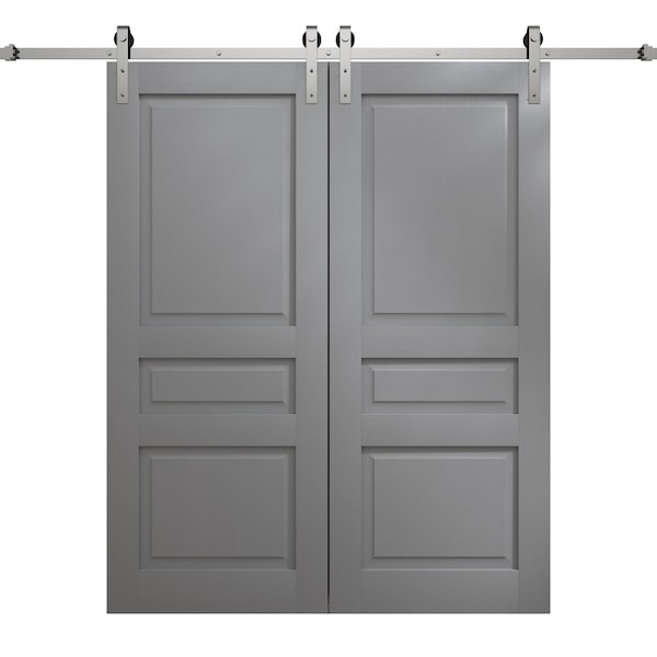 Sartodoors Modern Double Barn Door 64 x 96 inches, Ego 5012 Painted Grey Oak, 13FT Silver Rail Track Set, So EGO5012DB-S-SEK-6496 - main