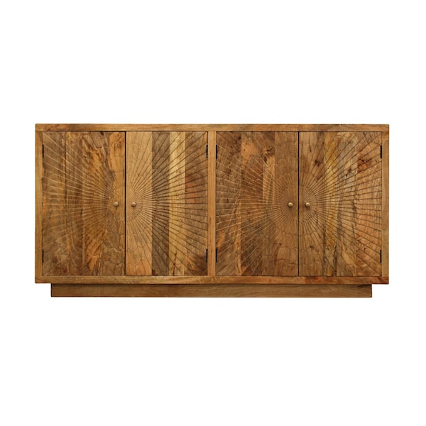 Homeroots 72in Natural Distressed Solid Wood Carved Geometric Sideboard with Four Doors 488643 - main