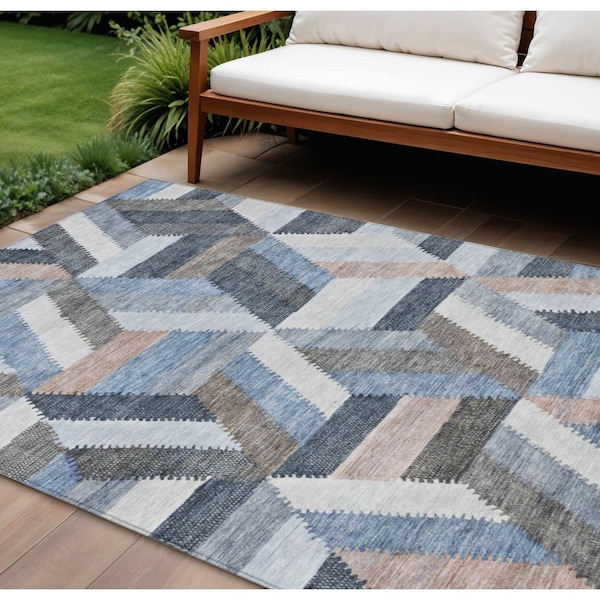 Homeroots 10' X 14' Blue Geometric Washable Indoor Outdoor Area Rug 608051 - main