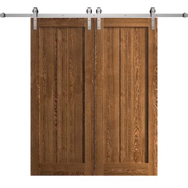 Sartodoors Modern Double Barn Door 48 x 84 inches, Ego 5006 Cognac Oak Veneer, 13FT Silver Rail Track Set, S EGO5006DB-S-DKO-4884 - main