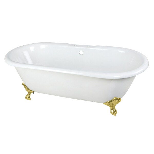 Kingston Brass 66" Cast Iron Oval Double Ended Clawfoot Tub, 7" Faucet Drillings, White/Polished Brass VCT7D663013NB2 - main