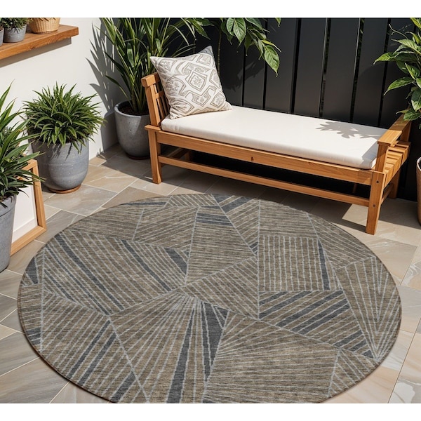 Homeroots 8' Brown Black And Gray Round Geometric Washable Indoor Outdoor Area Rug 594799 - main