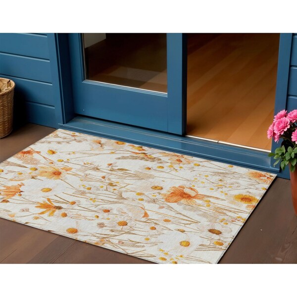 Homeroots 3' X 5' Ivory And Beige Floral Washable Indoor Outdoor Area Rug 611144 - main