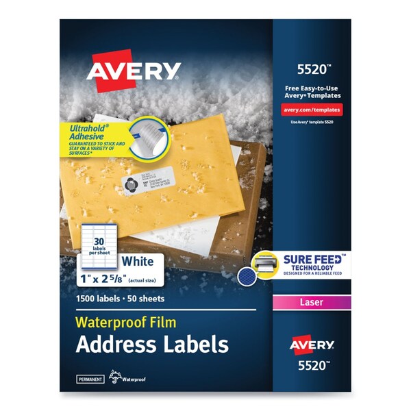 Avery Address Labels w/TrueBlock/Sure Feed, Laser, 1x2.63, White, PK1500 05520 - main