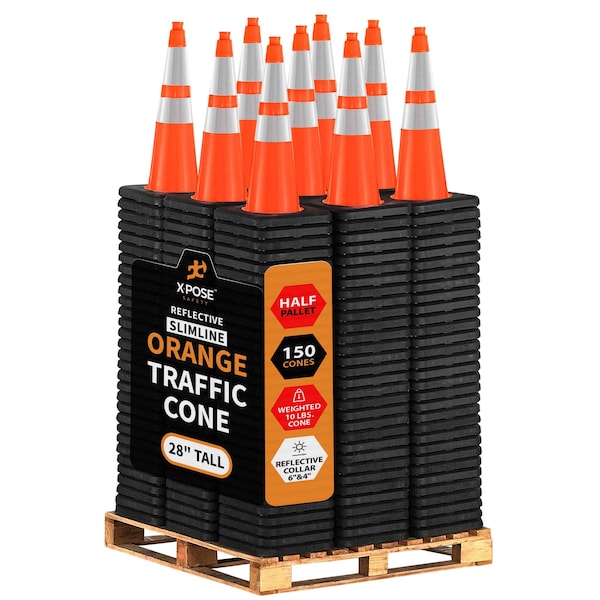Xpose Safety 28 In Orange Slim Line Traffic Cone, 10 lb Base, 6in & 4in Collar, DOT Approved, 150 PK, Half Pallet OTC28SL-64-10L-HP150-X - main