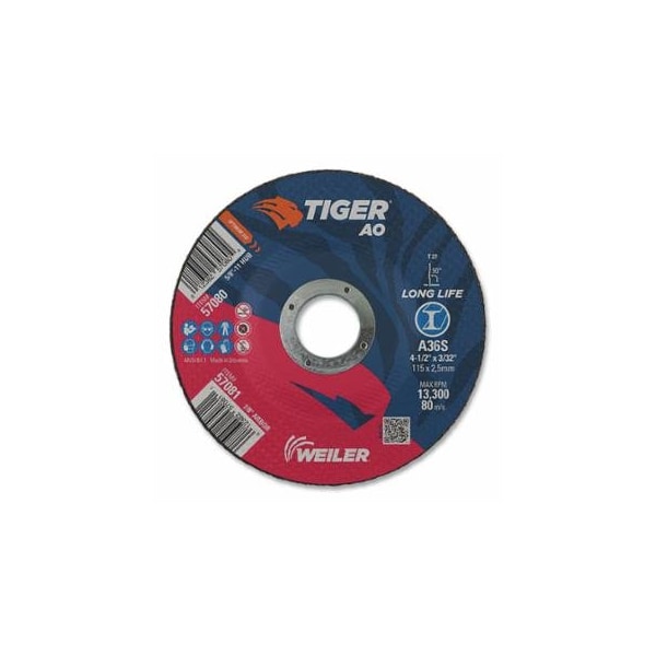 Weiler Tiger AO Cutting Wheel, 4-1/2 in dia x 3/32 in Thick, 7/8 in Arbor, A36S, Type 27, 25PK 804-57081 - main