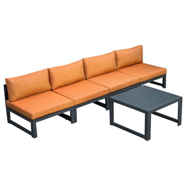 Leisuremod Chelsea 5-Piece Middle Patio Chairs and Coffee Table Set Black Aluminum With Orange Cushions CSTBL-4OR - main