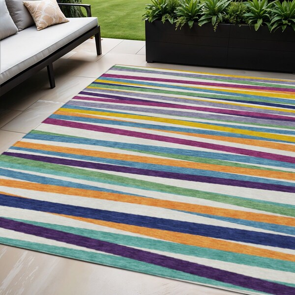 Homeroots 5' X 8' Blue Green And Copper Striped Washable Indoor Outdoor Area Rug 597368 - main