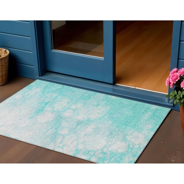 Homeroots 3' X 5' Aqua Ivory And Teal Blue Abstract Washable Indoor Outdoor Area Rug 582194 - main