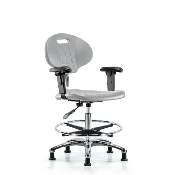 Blue Ridge Ergonomics CL100CleanRoom Chair-Medium Bench Ht with Adj Arms, Chrome Foot Ring &Stationary Glides in Gray Poly CLR-TPMBCH-CR-A1-CF-RG-GRY - main