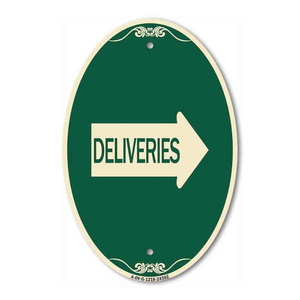 Signmission Deliveries With Right Arrow, 12 Inch X 18 Inch Architectural Oval, Heavy Gauge Aluminum A-OV-G-1218-24362 - main