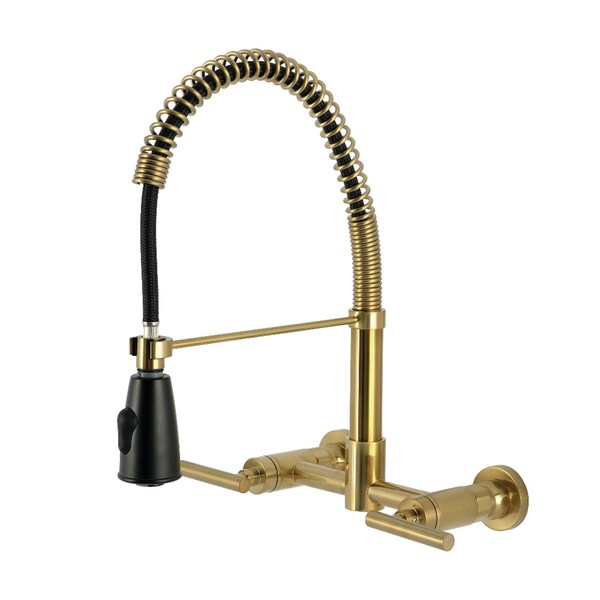 Kingston Brass Double-Handle Wall-Mount Pre-Rinse Bridge Kitchen Faucet, Brushed Brass GS8287CML - main