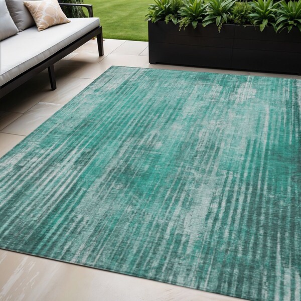 Homeroots 5' X 8' Teal Blue Aqua And Gray Striped Washable Indoor Outdoor Area Rug 577266 - main