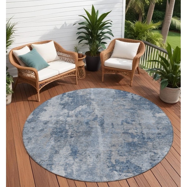 Homeroots 8' Round Blue Round Abstract Washable Non Skid Indoor Outdoor Area Rug 564238 - main