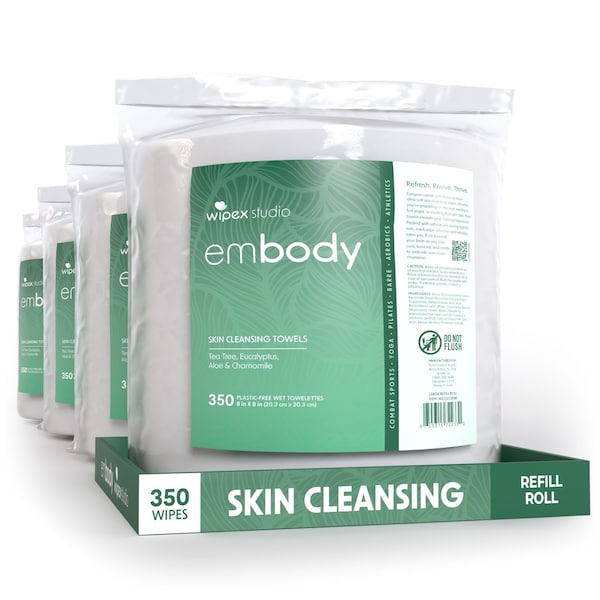 Wipex Natural Body Wipes 350ct Refills, Tea Tree/Eucalyptus, 1400 Plant-Based Fitness Shower Wipes, 4PK WX72233EBR-4 - main